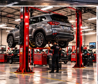 Multiple vehicles receiving service in a professional automotive workshop