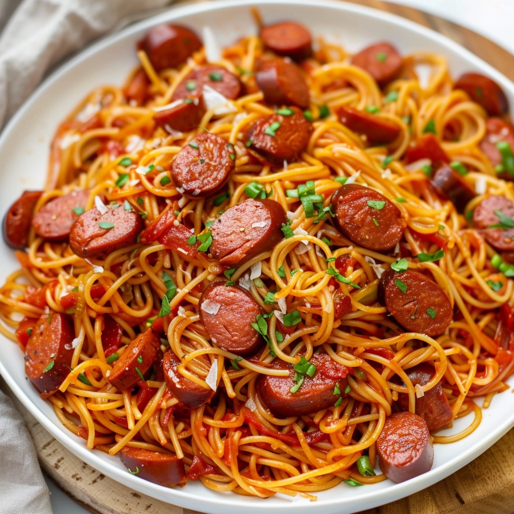 Spaghetti kreyòl ak sosis